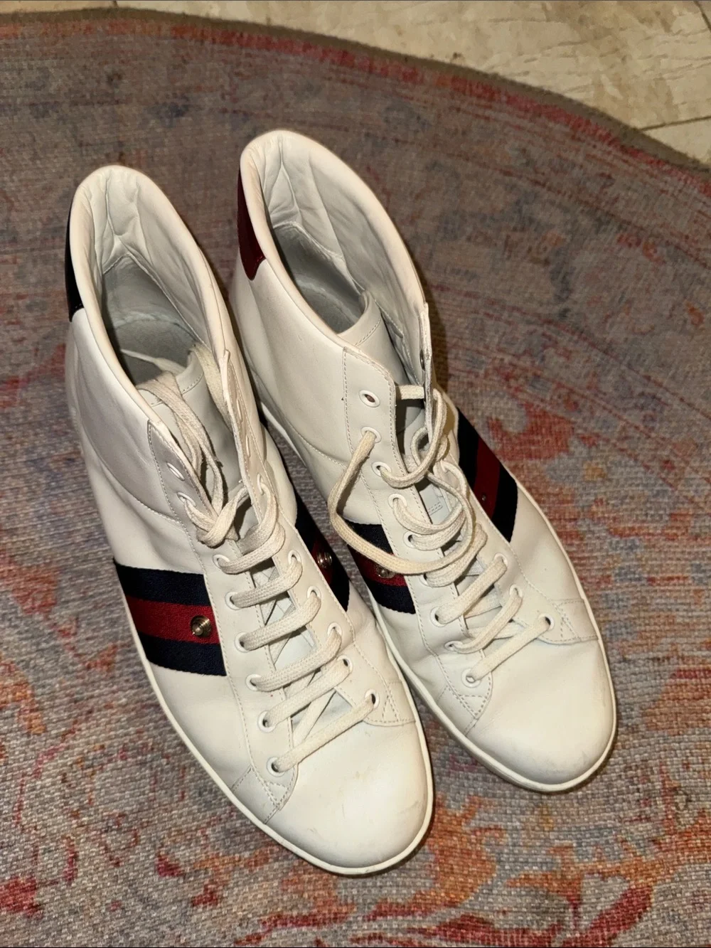 Gucci White High-Top Sneakers with Red & Navy Web